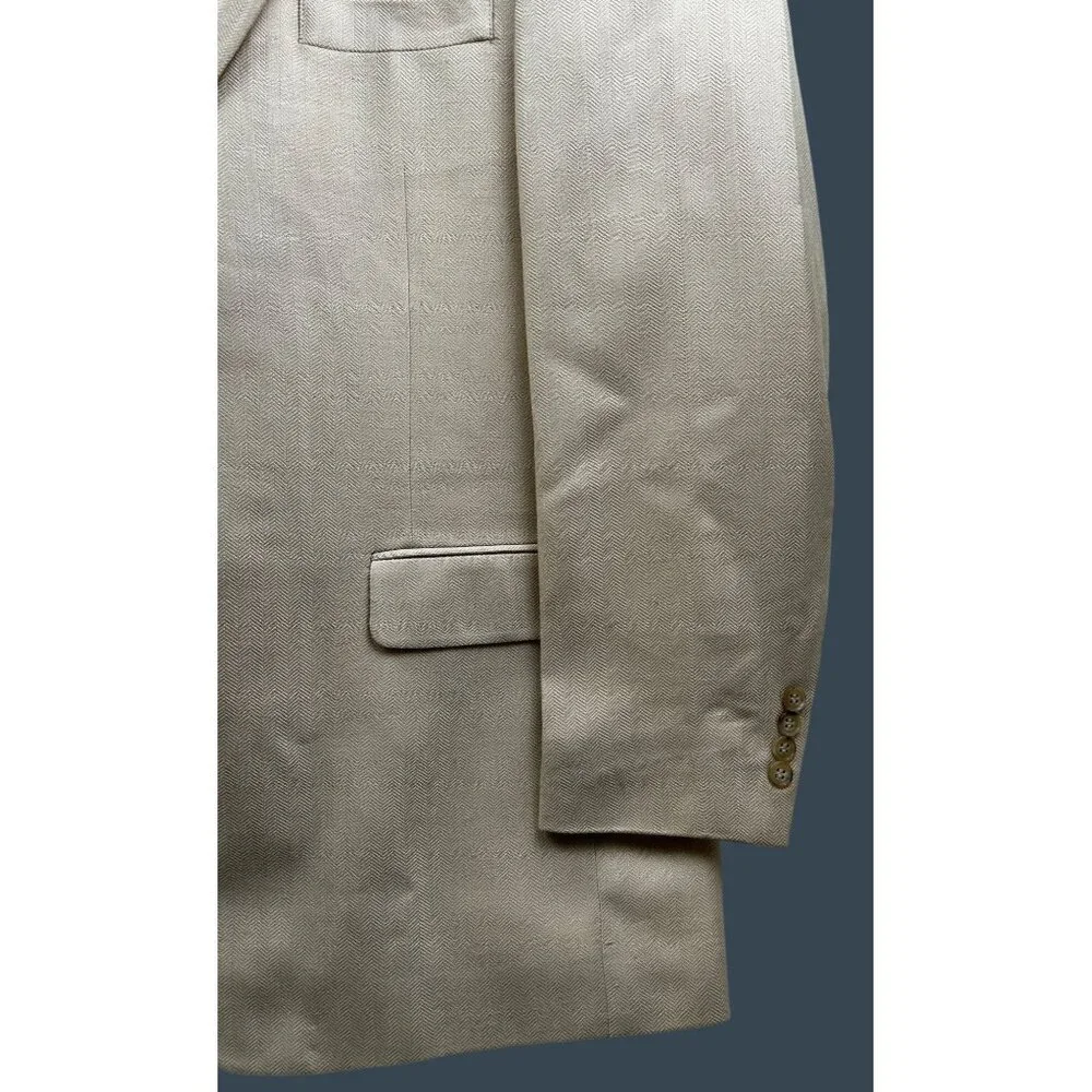 Haggar Black Label Blazer Mens 44L Beige 100% Silk Herringbone Sport Coat Luxury